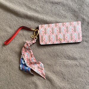 Tory Burch Pink Patterned Wallet with Red Strap